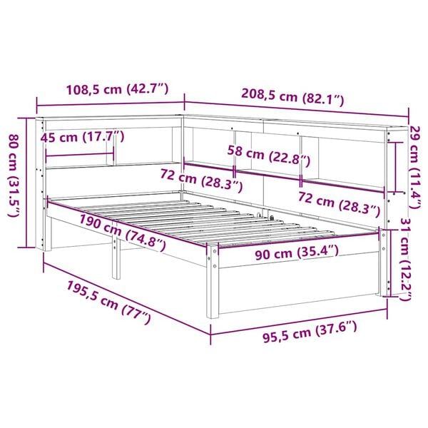 vidaXL Κρεβάτι Βιβλιοθήκη Χωρίς Στρώμα 90x190 εκ Μασίφ Ξύλο Πεύκου