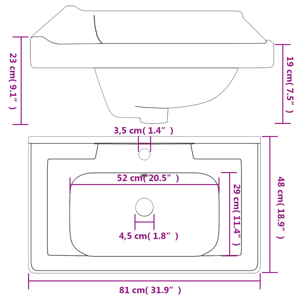 vidaXL Νιπτήρας Μπάνιου Ορθογώνιος Λευκός 81 x 48 x 23 εκ. Κεραμικός