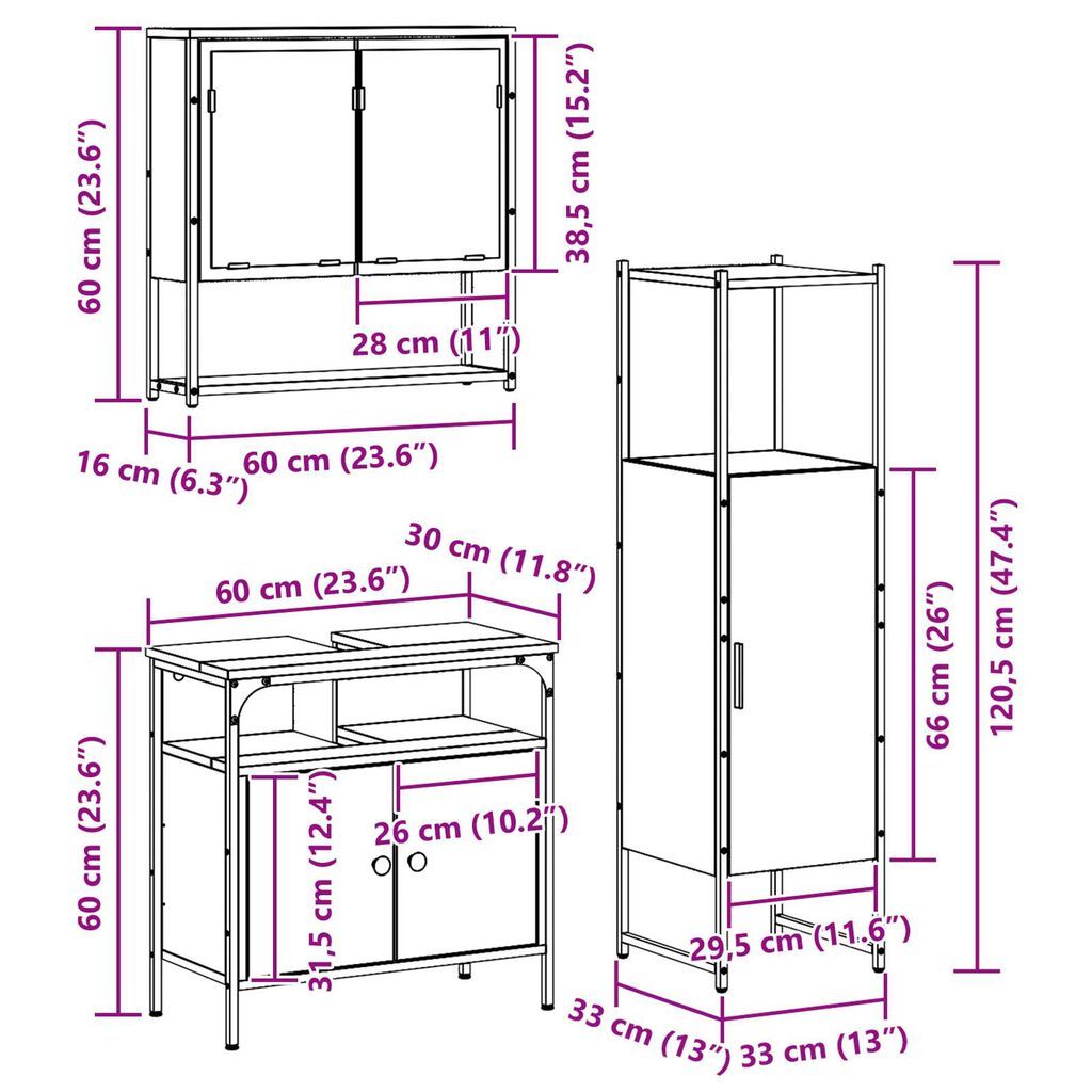 vidaXL Σετ Επίπλων Μπάνιου με πόρτα 3 pcs Καφέ 33 x 33 x 120.5 εκ.