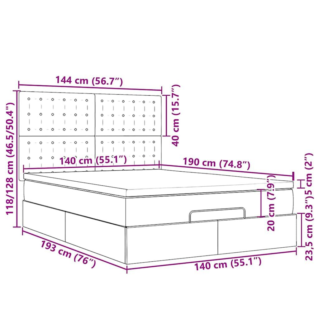 vidaXL Οθωμανικό κρεβάτι με στρώμα & LEDs Μπλε 140x190cm Ύφασμα