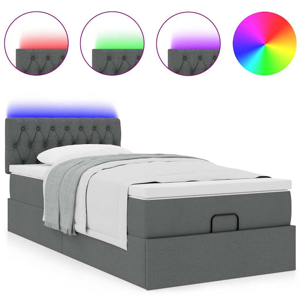 vidaXL Οθωμανικό κρεβάτι με στρώμα & LEDs Σκούρο γκρι ύφασμα 100x200cm