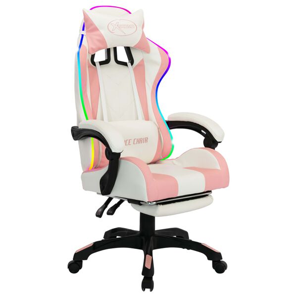 vidaXL Καρέκλα Racing με Φωτισμό RGB LED Ροζ/Λευκό Συνθετικό Δέρμα