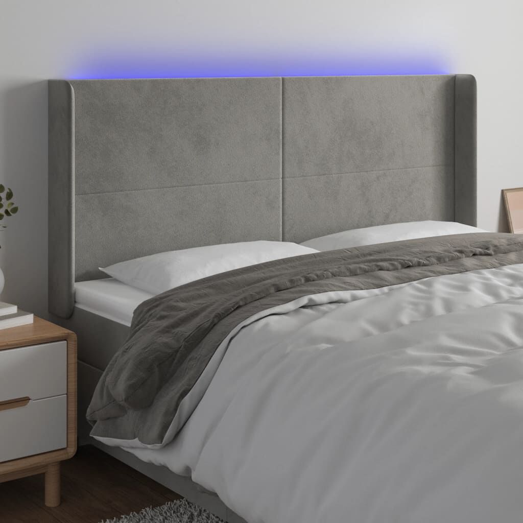 vidaXL Κεφαλάρι Κρεβατιού LED Ανοιχτό Γκρι 203x16x118/128εκ. Βελούδινο