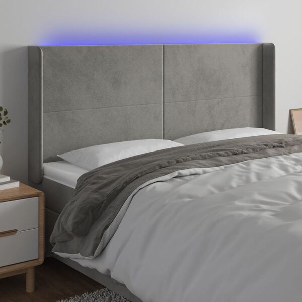 vidaXL Κεφαλάρι Κρεβατιού LED Ανοιχτό Γκρι 203x16x118/128εκ. Βελούδινο