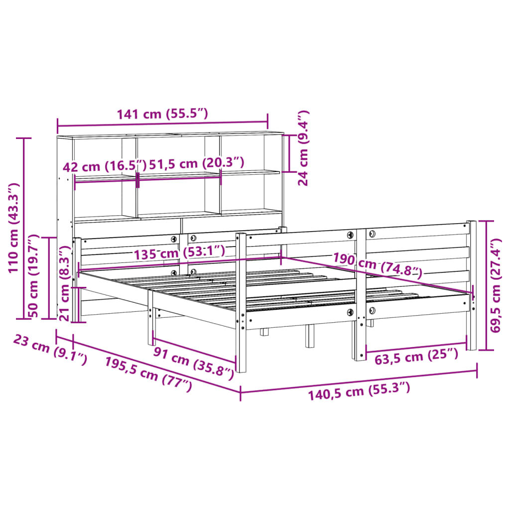 vidaXL Κρεβάτι Βιβλιοθήκη Χωρίς Στρώμα Λευκό 135x190 εκ Μασίφ Πεύκο