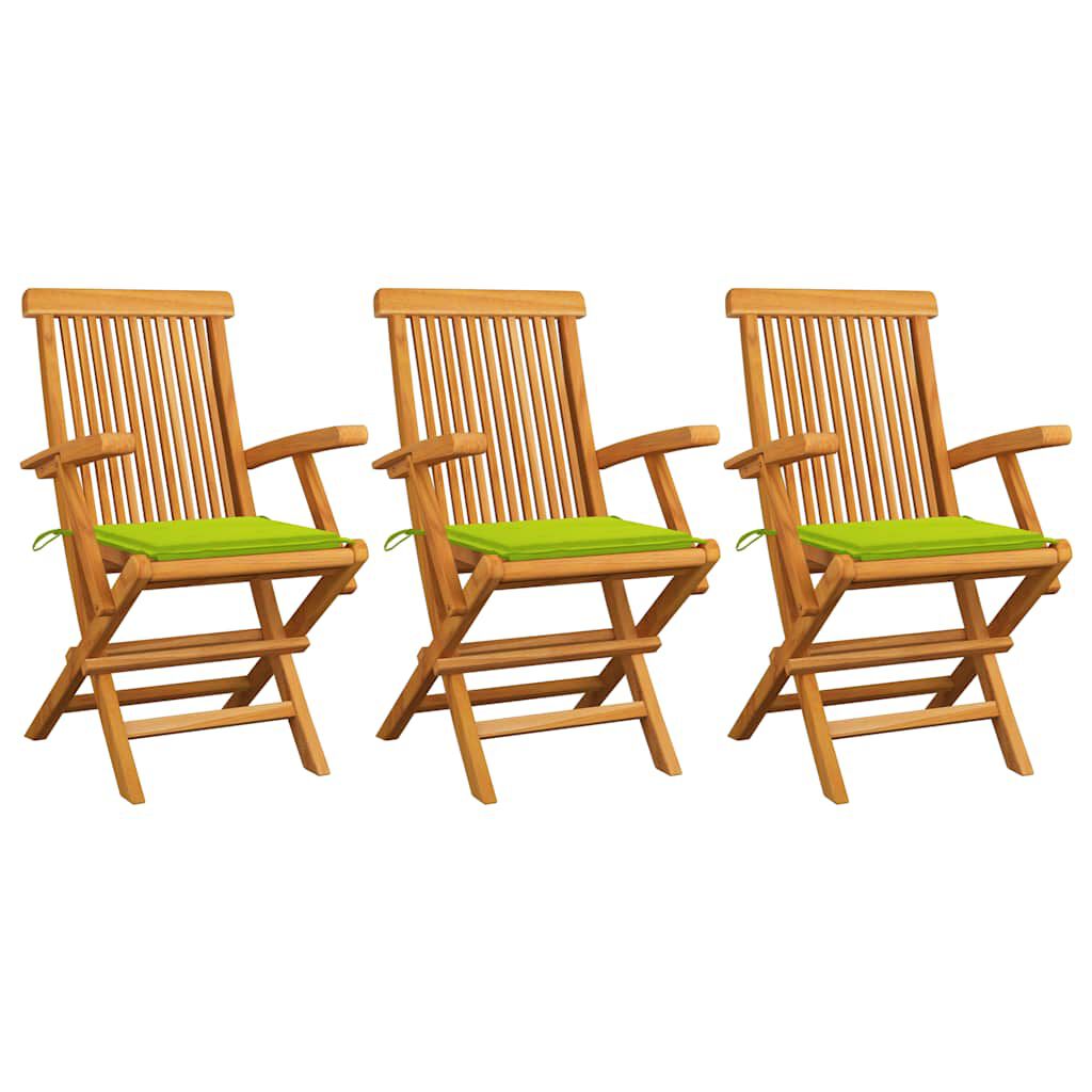 vidaXL Καρέκλες Κήπου 3 τεμ. Μασίφ Ξύλο Teak Φωτεινά Πράσινα Μαξιλάρια