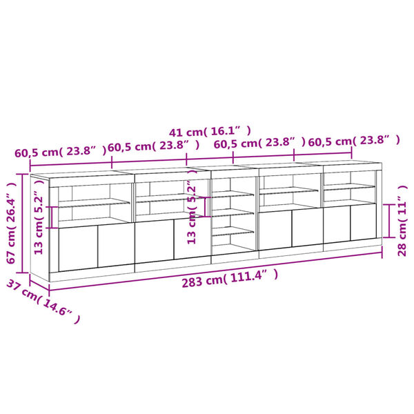 vidaXL Μπουφές με LED Καφέ Δρυς 283 x 37 x 67 εκ.