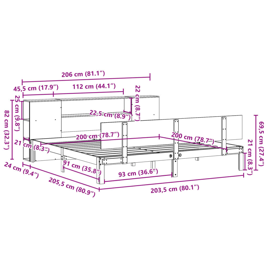 vidaXL Κρεβάτι Βιβλιοθήκη Χωρίς Στρώμα 200x200 εκ Μασίφ Ξύλο Πεύκου