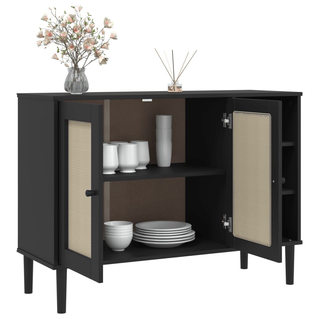 vidaXL Μπουφές SENJA Μαύρο / Ρατάν 112 x 40 x 80 εκ. Μασίφ Ξύλο Πεύκου