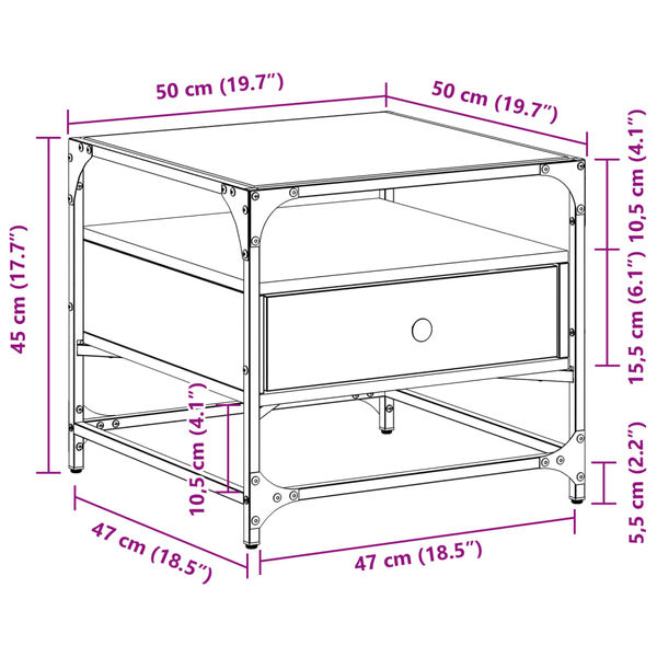 vidaXL Τραπεζάκι Σαλονιού Καπνιστή Δρυς 50x50x45εκ. με Γυάλινες Πόρτες