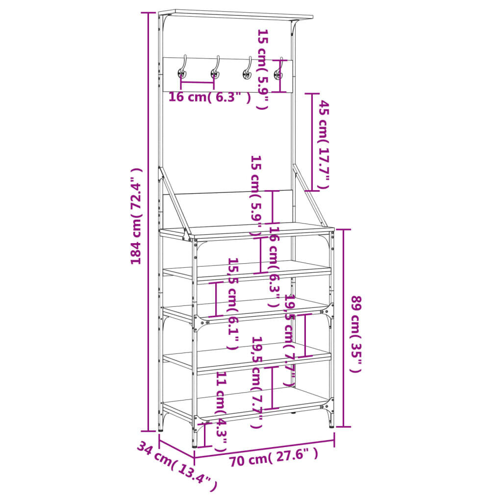 vidaXL Κρεμάστρα Ρούχων με Παπουτσοθήκη Sonoma Δρυς 70x34x184 εκ.