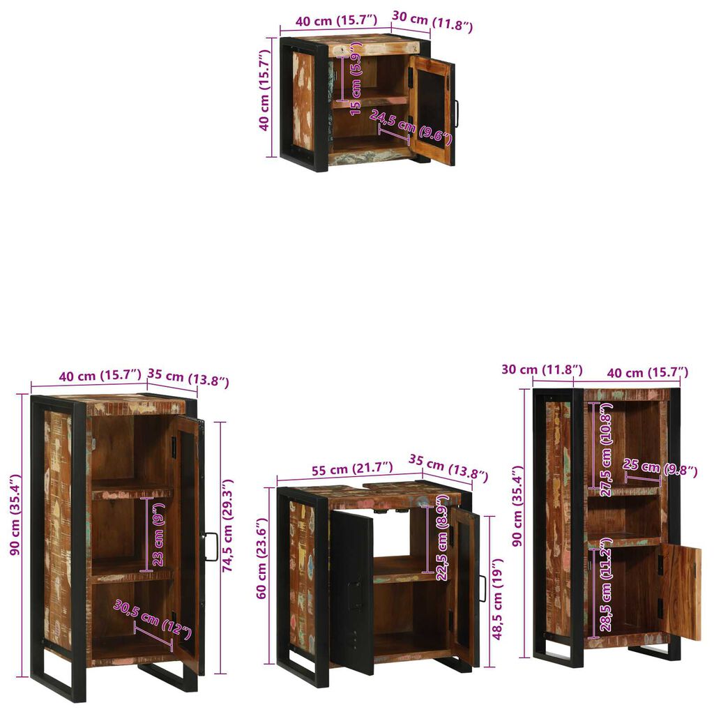 vidaXL Σετ Επίπλων Μπάνιου 4 pcs Πολύχρωμο Στερεό ανακτημένο ξύλο
