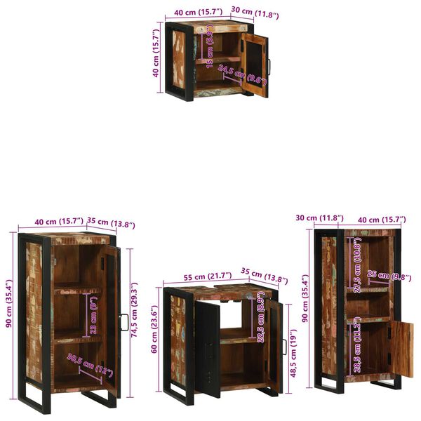 vidaXL Σετ Επίπλων Μπάνιου 4 pcs Πολύχρωμο Στερεό ανακτημένο ξύλο