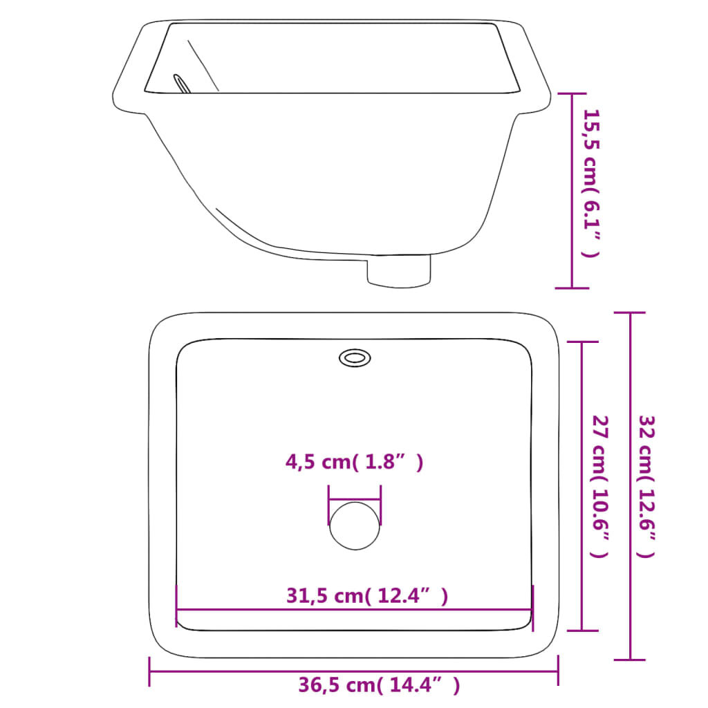 vidaXL Νιπτήρας Μπάνιου Ορθογώνιος Λευκός 36,5x32x15,5 εκ. Κεραμικός