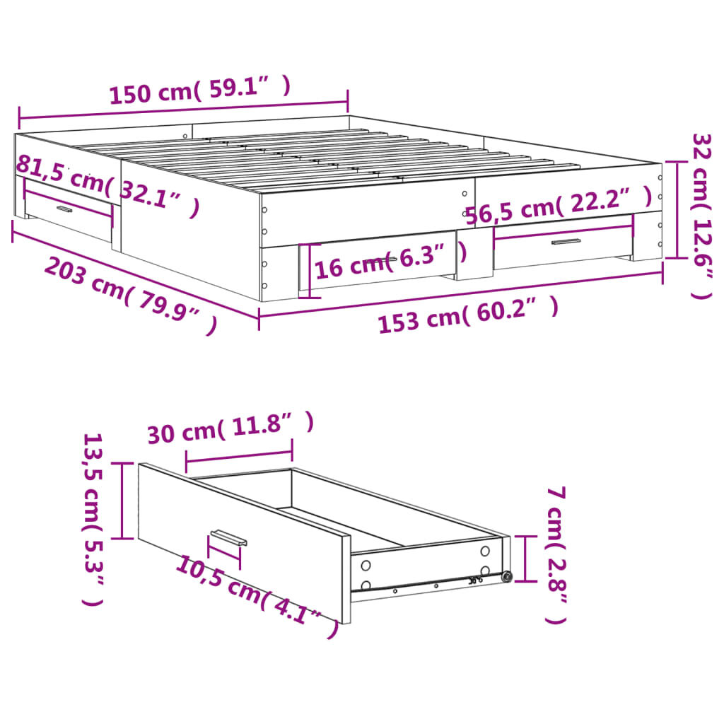 vidaXL Πλαίσιο Κρεβατιού με Συρτάρια Μαύρο 150 x 200 εκ. Επεξεργ. Ξύλο