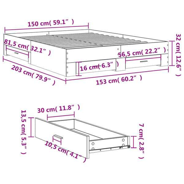 vidaXL Πλαίσιο Κρεβατιού με Συρτάρια Μαύρο 150 x 200 εκ. Επεξεργ. Ξύλο