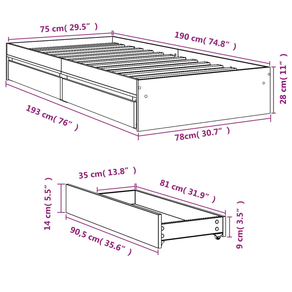 vidaXL Πλαίσιο Κρεβατιού με Συρτάρια Μαύρο 75x190εκ Επεξεργασμένο Ξύλο