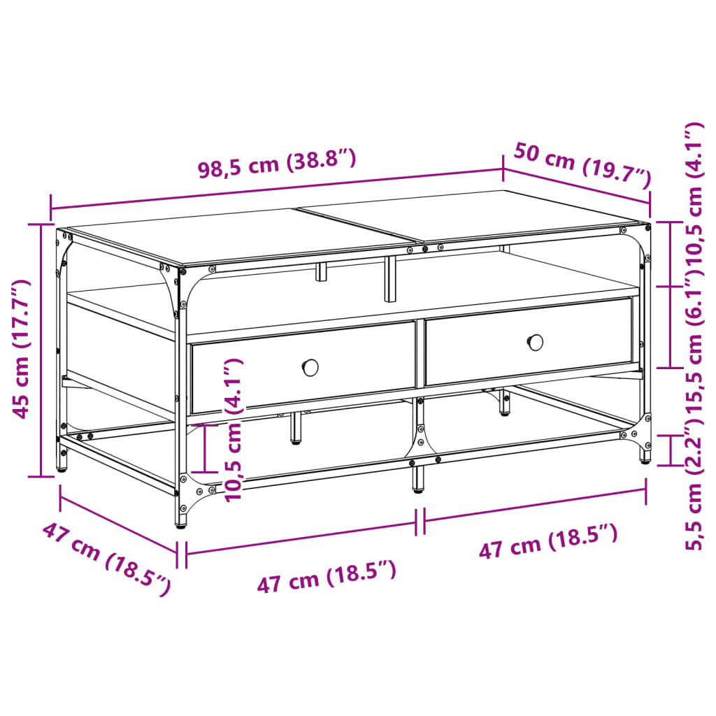 vidaXL Τραπεζάκι Σαλονιού Καπνιστή Δρυς 98,5x50x45εκ. Γυάλινες Πόρτες