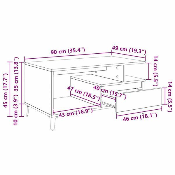 vidaXL Τραπεζάκι σαλονιού with Drawer Παλαιό ξύλο 90 x 49 x 45 εκ