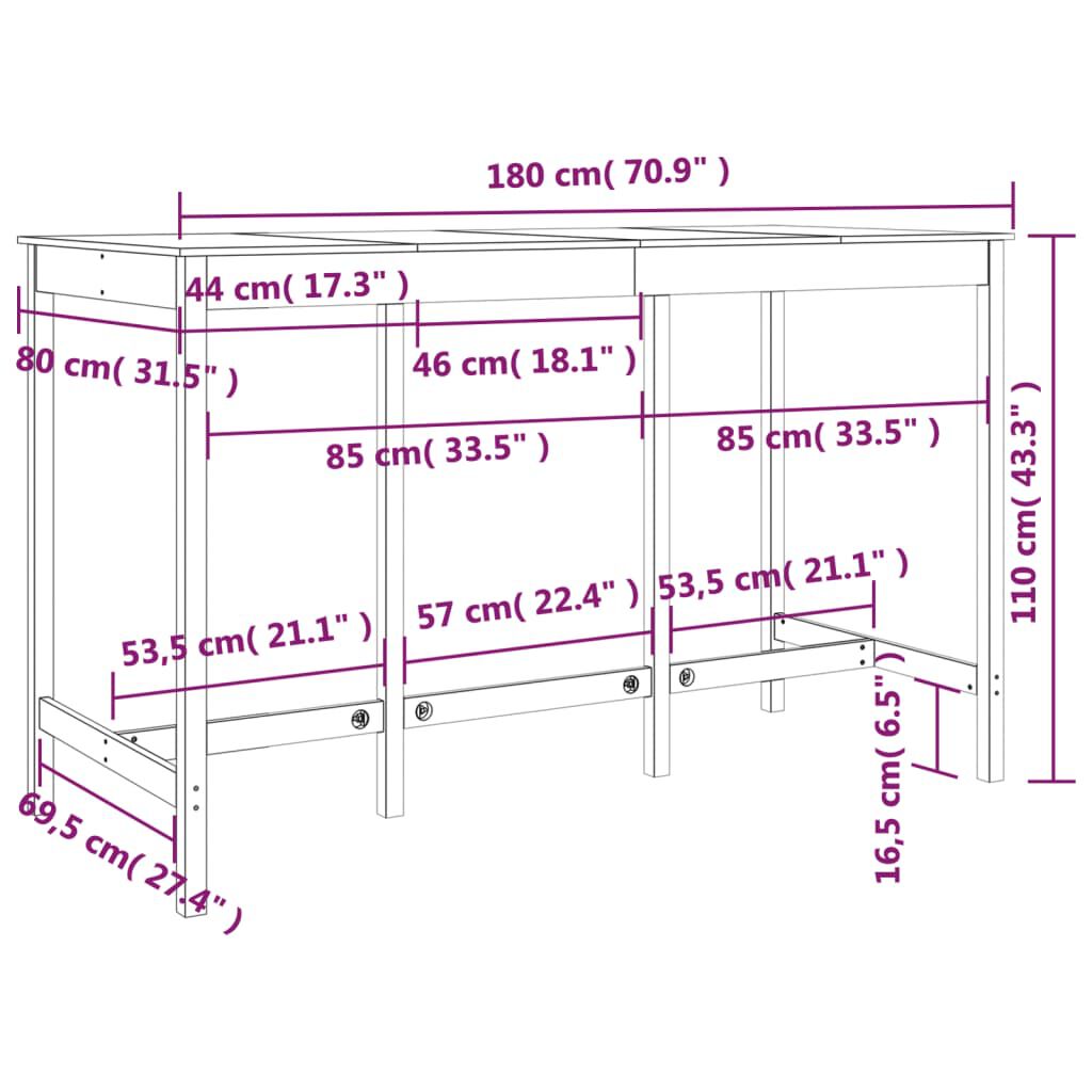 vidaXL Τραπέζι Μπαρ Λευκό 180 x 80 x 110 εκ. από Μασίφ Ξύλο Πεύκου