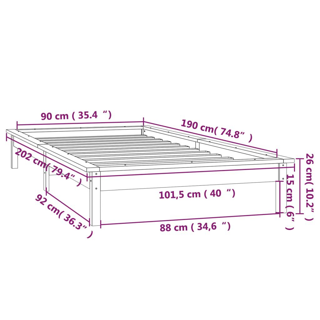 vidaXL Πλαίσιο Κρεβατιού με LED Γκρι 90 x 190 εκ. Μονό από Μασίφ Ξύλο