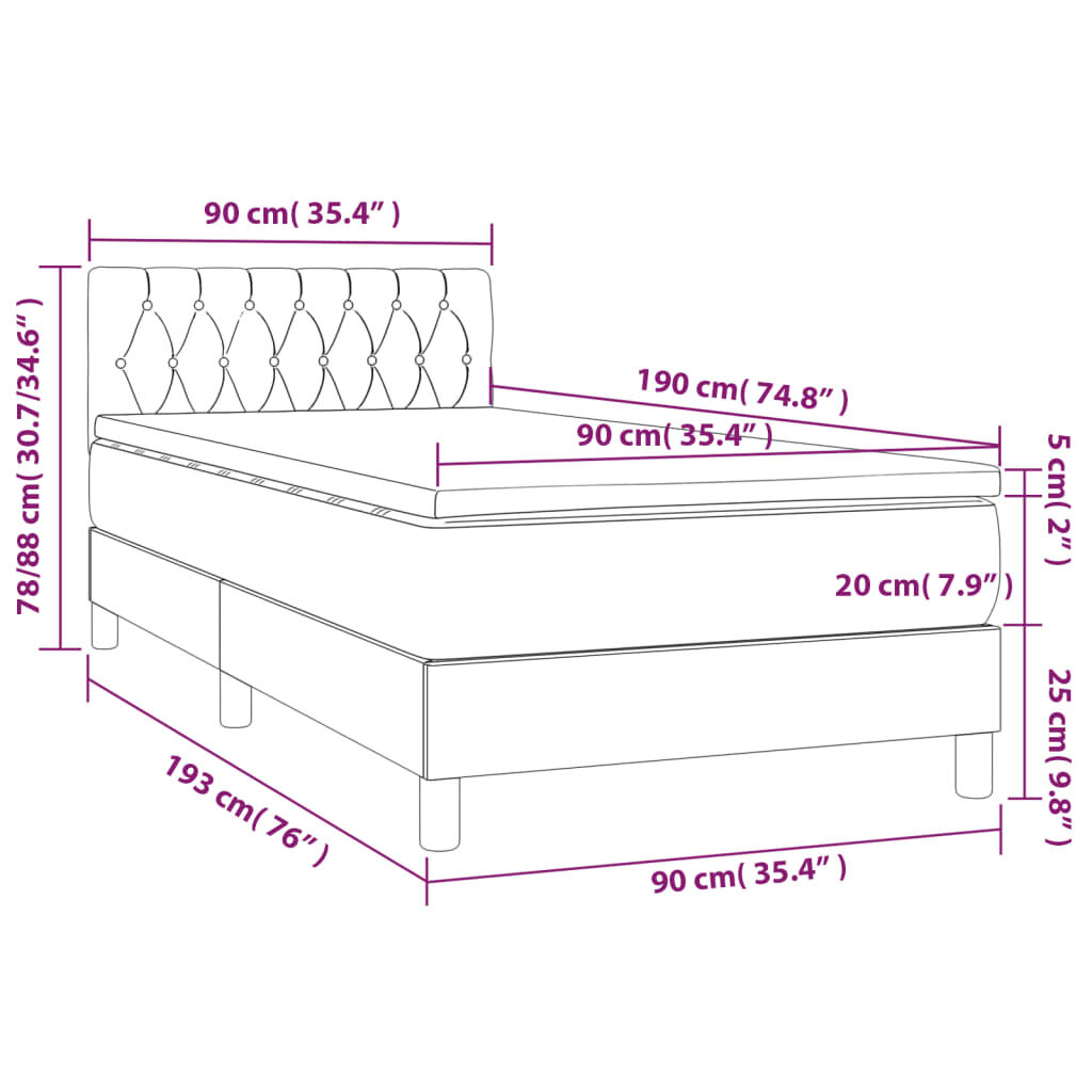 vidaXL Κρεβάτι Boxspring με Στρώμα & LED Σκ.Γκρι 90x190 εκ. Υφασμάτινο
