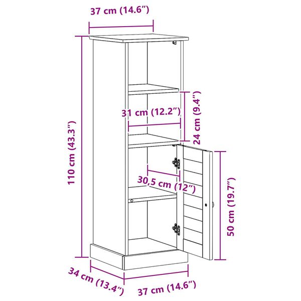 vidaXL Ντουλάπι Μπάνιου καφέ μελί 37 x 34 x 110 εκ Μασίφ ξύλο πεύκου