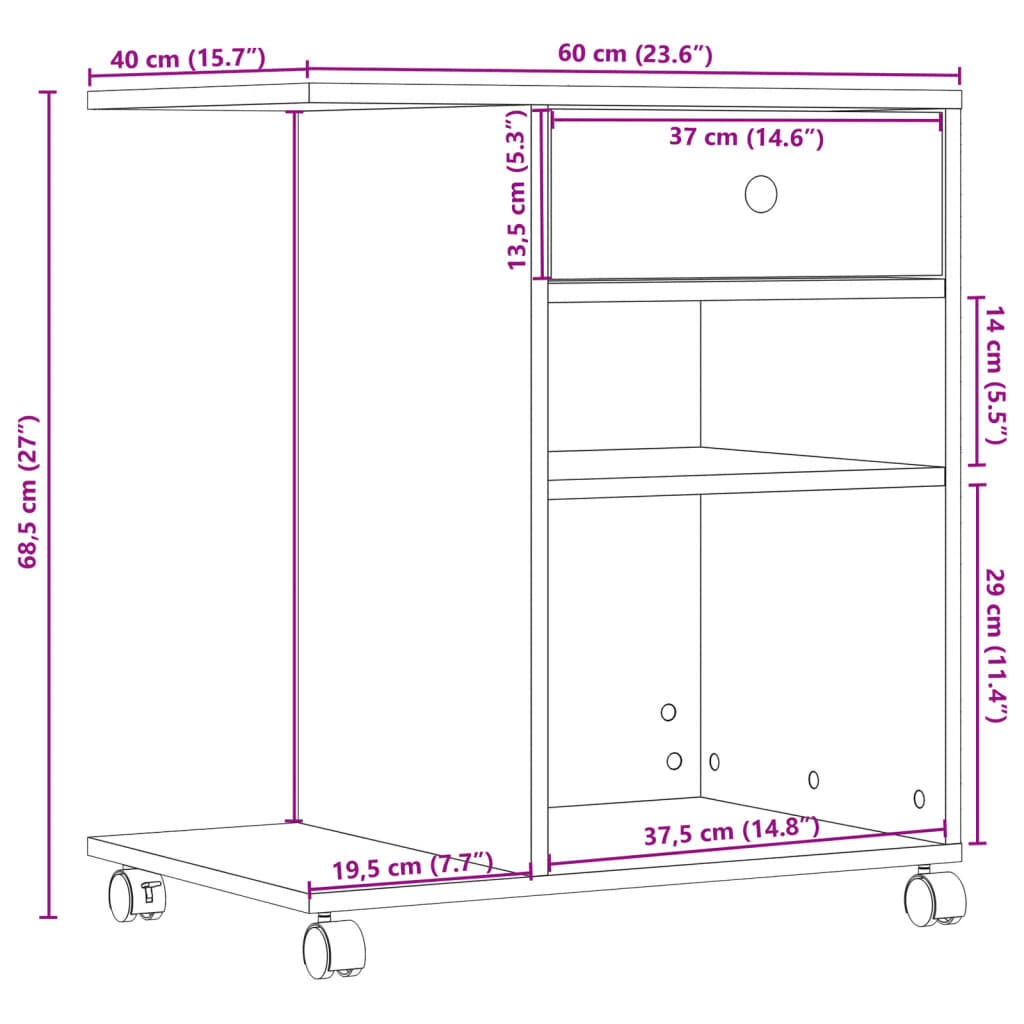 vidaXL Βάση Εκτυπωτή με Ρόδες Μαύρο 60x40x68,5 εκ.