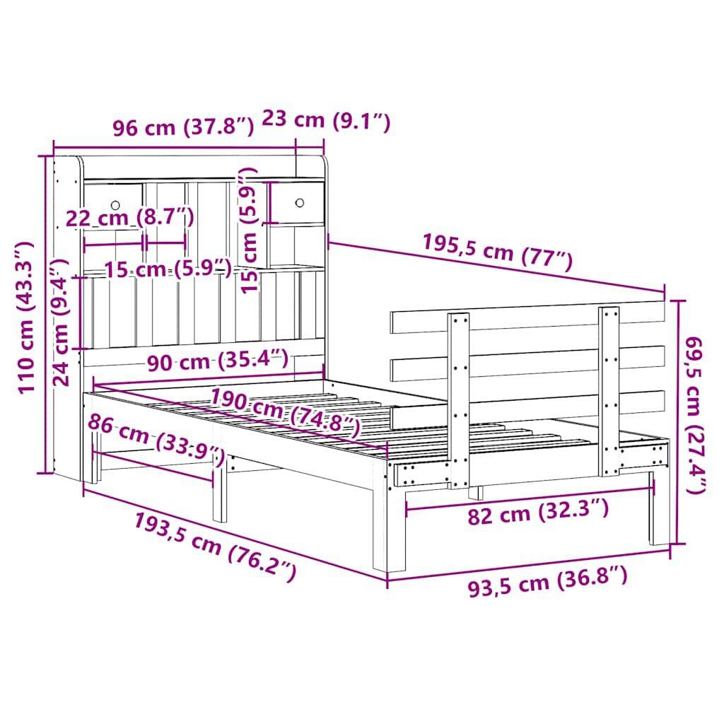 vidaXL Κρεβάτι Βιβλιοθήκη Χωρίς Στρώμα 90x190 εκ Μασίφ Ξύλο Πεύκου