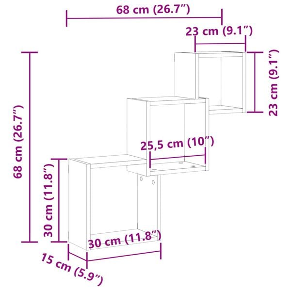 vidaXL Ράφια Τοίχου Κύβοι Όψη Παλαιού Ξύλου 68x15x68 εκ. Επεξ. Ξύλο