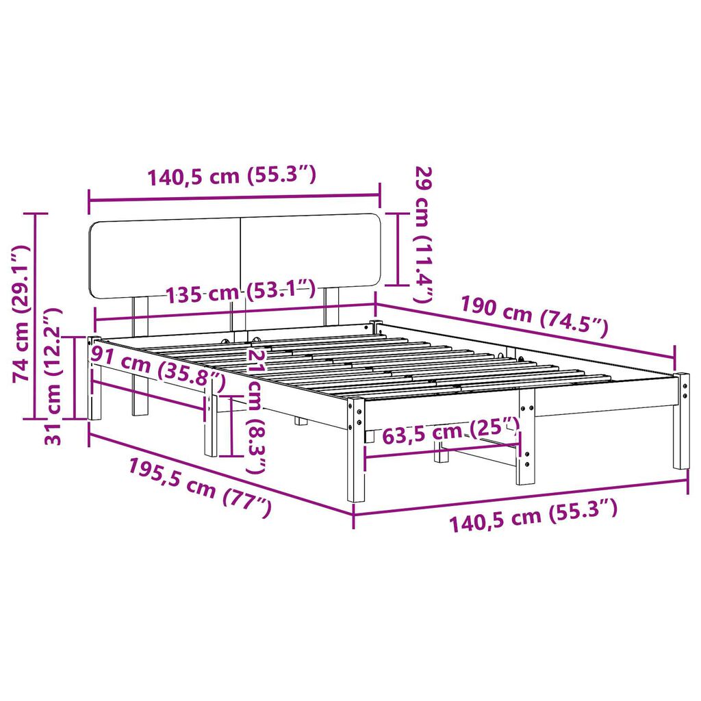 vidaXL Κρεβάτι με Κεφαλή 135x190 εκ Μασίφ Ξύλο Πεύκου