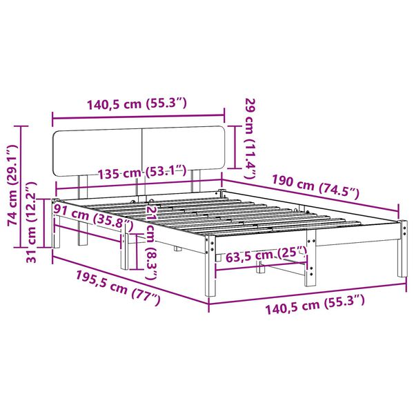 vidaXL Κρεβάτι με Κεφαλή 135x190 εκ Μασίφ Ξύλο Πεύκου