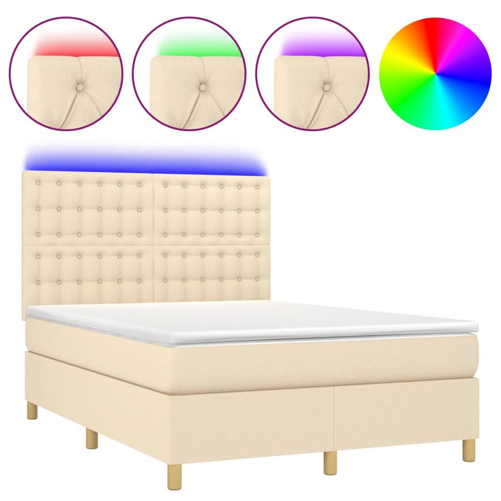 vidaXL Κρεβάτι Boxspring με Στρώμα & LED Κρεμ 140x190 εκ. Υφασμάτινο