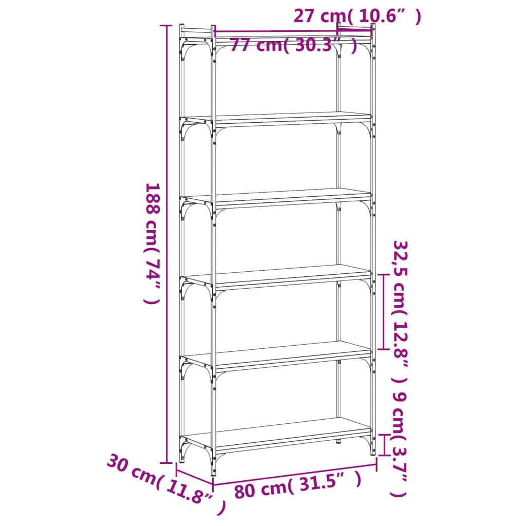 vidaXL Βιβλιοθήκη 6 Επιπέδων Καφέ Δρυς 80 x 30 x 188 εκ. Επεξεργ. Ξύλο
