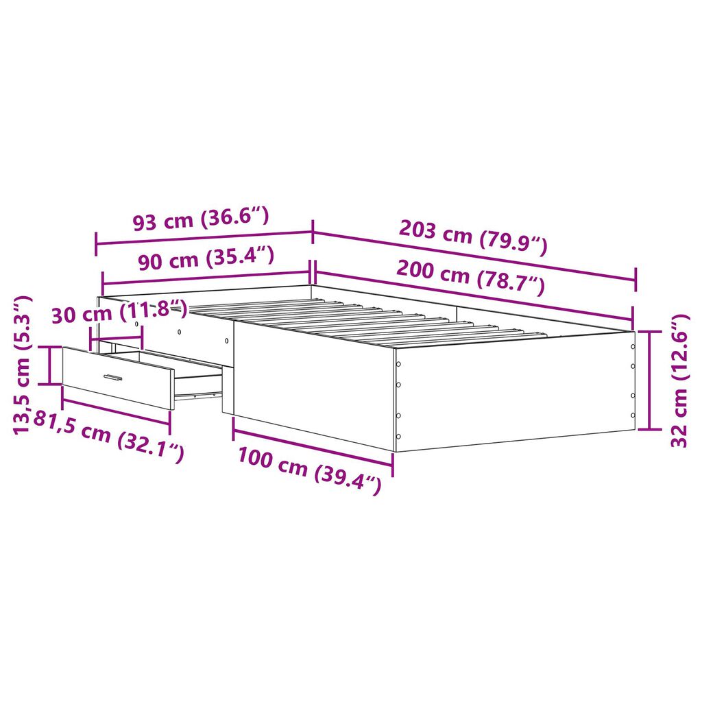 vidaXL Κρεβάτι Παλιού Ξύλου 90x200 εκ. Κατασκευασμένο Ξύλο