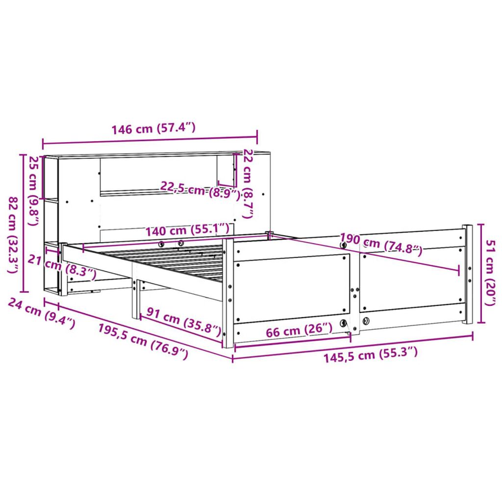 vidaXL Κρεβάτι Βιβλιοθήκη Χωρίς Στρώμα 140x190 εκ Μασίφ Ξύλο Πεύκου