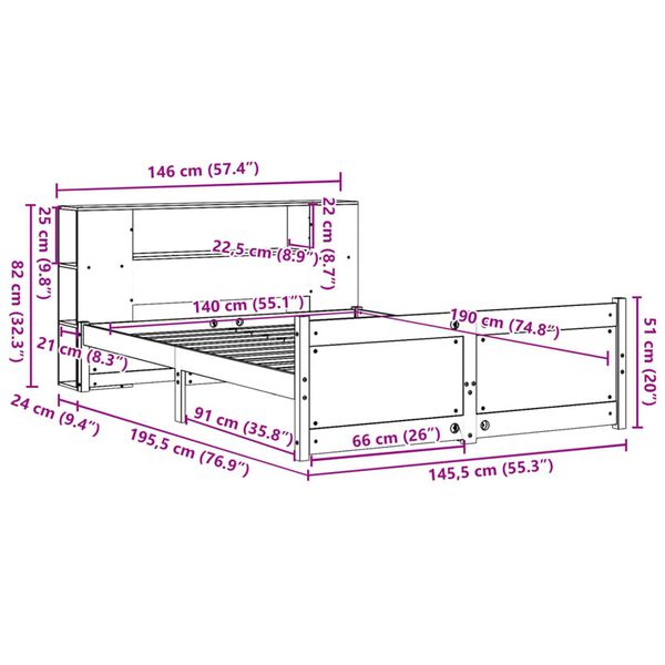 vidaXL Κρεβάτι Βιβλιοθήκη Χωρίς Στρώμα 140x190 εκ Μασίφ Ξύλο Πεύκου