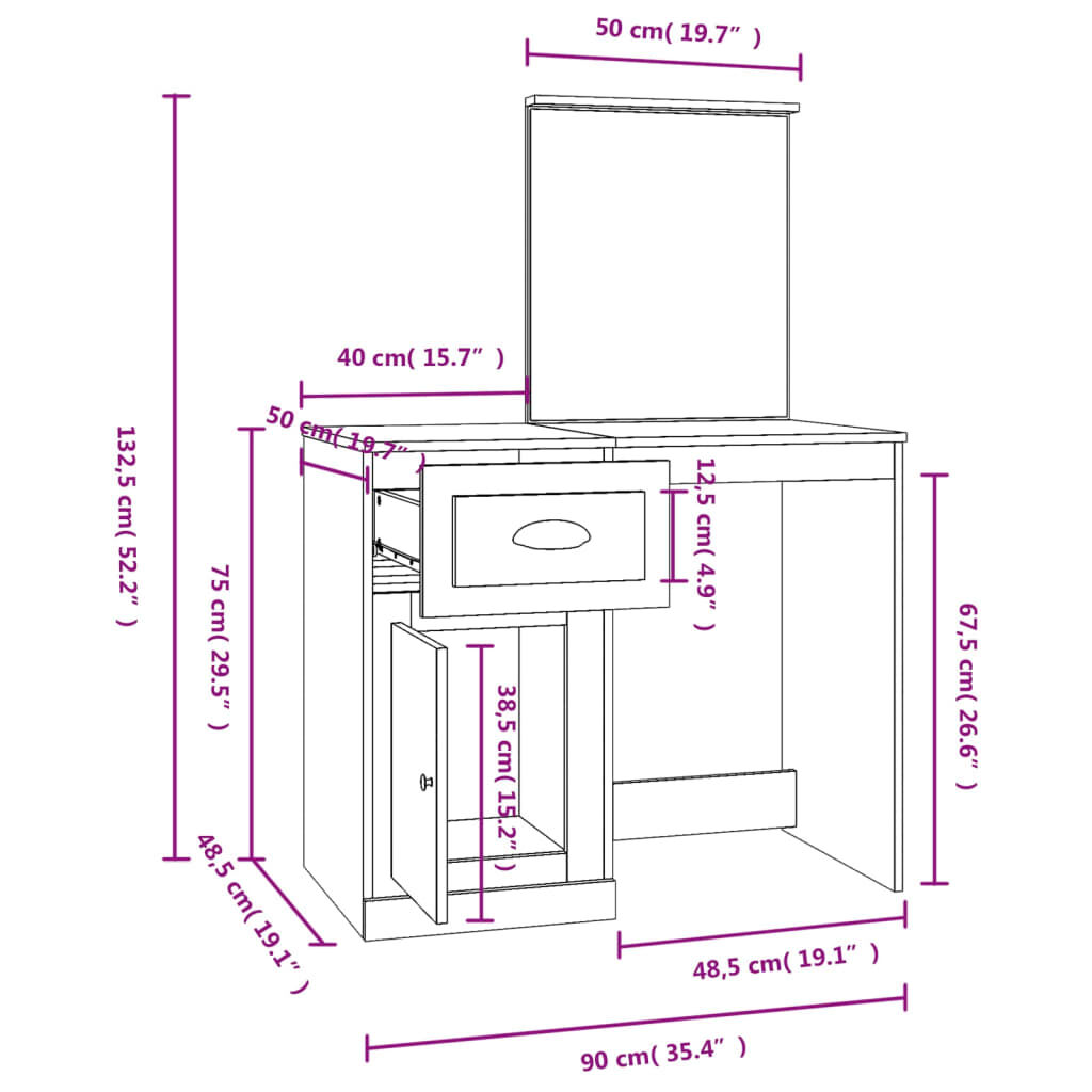 vidaXL Μπουντουάρ με Καθρέφτη Γκρι Sonoma 90x50x132,5 εκ. Επεξ. Ξύλο