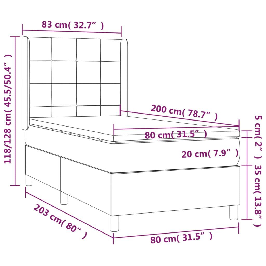 vidaXL Κρεβάτι Boxspring με Στρώμα & LED Αν.Γκρι 80x200 εκ. Βελούδινο