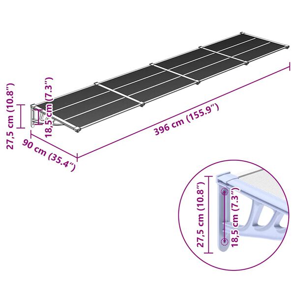 vidaXL Στέγαστρο Πόρτας Γκρι & Διαφανές 396x90 εκ από Πολυκαρβονικό