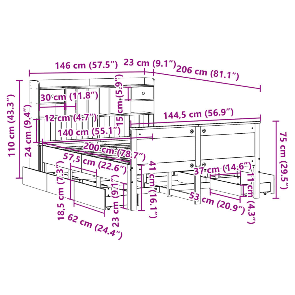 vidaXL Κρεβάτι Βιβλιοθήκη Χωρίς Στρώμα 140x200 εκ Μασίφ Ξύλο Πεύκο
