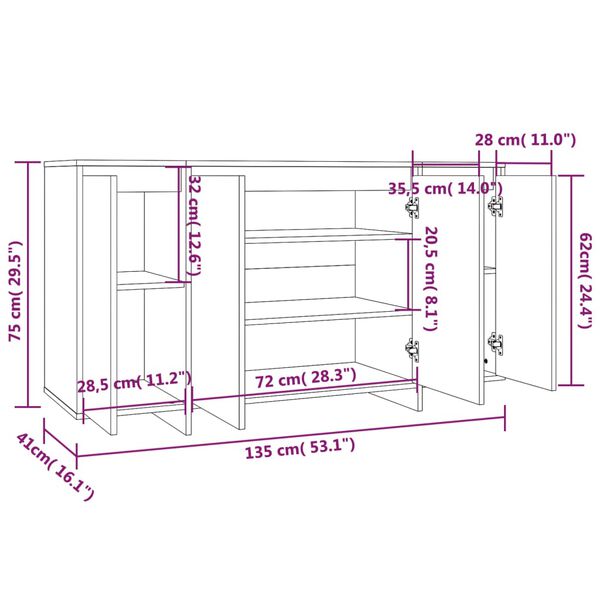 vidaXL Ντουλάπι Γκρι Σκυροδέματος 135x41x75 εκ. Επεξεργασμένο Ξύλο