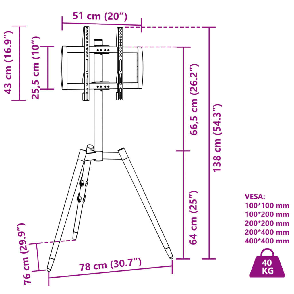 vidaXL Βάση Τηλεόρασης Τρίποδο για 37-65Ιν Max VESA 400x400χιλ. 40κ.
