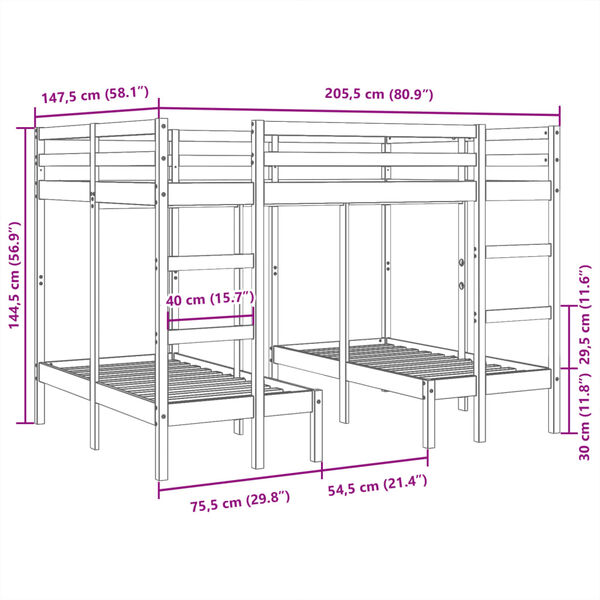 vidaXL Σκελετός Τριπλής Κουκέτας 140x200/70x140 εκ. Μασίφ Πεύκο