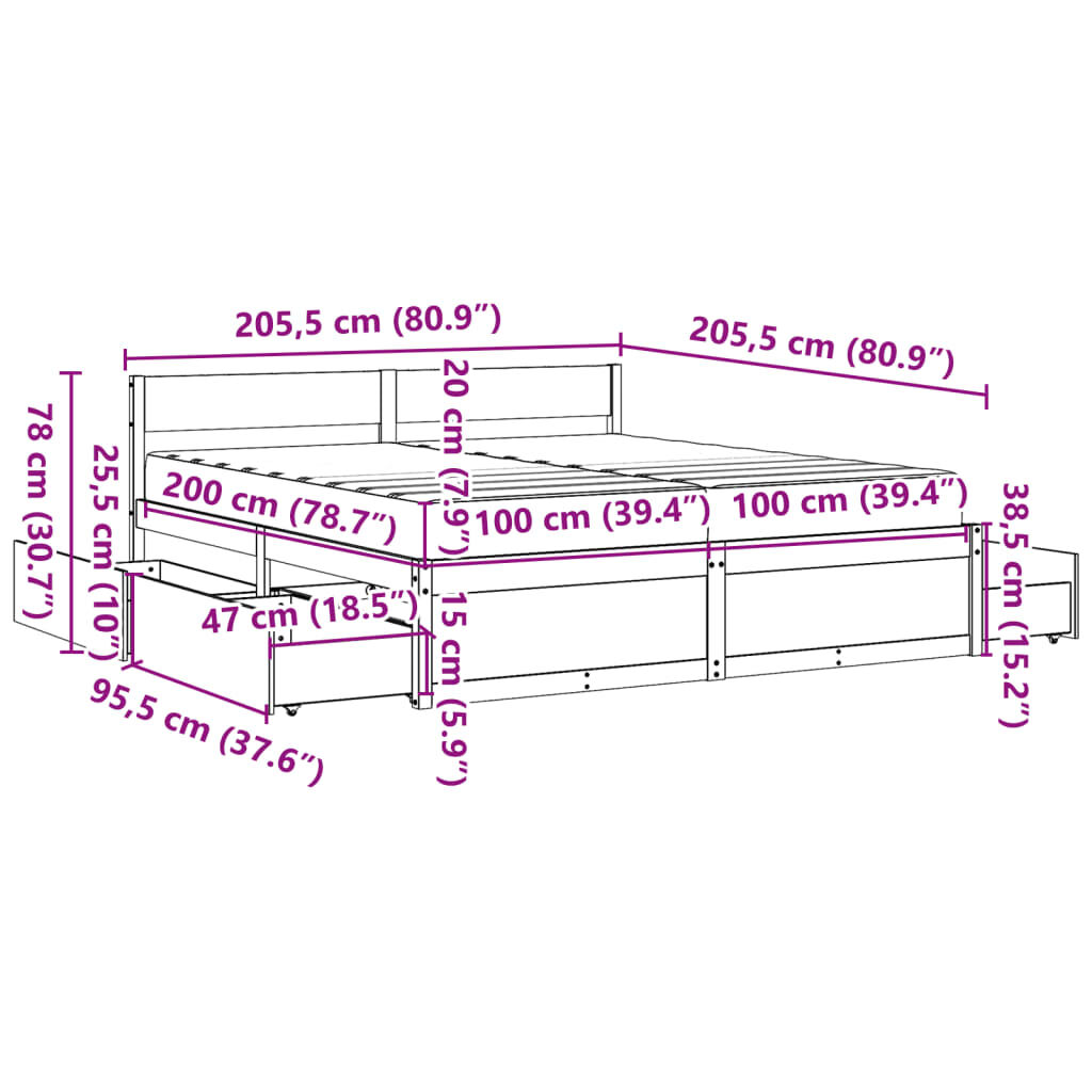 vidaXL Κρεβάτι με Συρτάρια και Στρώμα 200x200 εκ Μασίφ Ξύλο Πεύκου