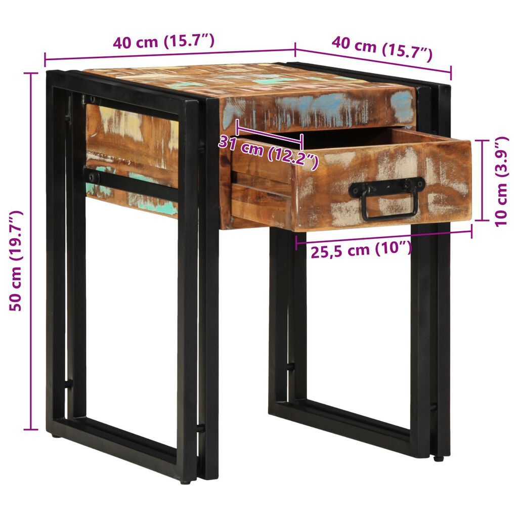 vidaXL Τραπέζι με Συρτάρι Μαύρο 40x40x50 εκ Μασίφ Ανακυκλωμένο Ξύλο