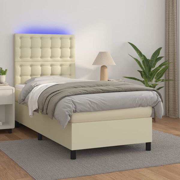 vidaXL Κρεβάτι Boxspring με Στρώμα & LED Κρεμ 90x200 εκ. Συνθ. Δέρμα