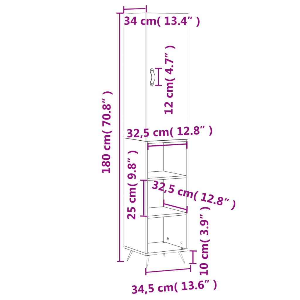 vidaXL Ντουλάπι Γυαλ. Λευκό 34,5 x 34 x 180 εκ. από Επεξεργασμένο Ξύλο
