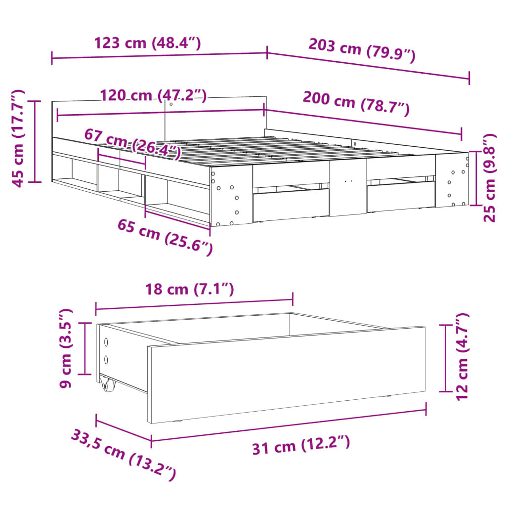 vidaXL Πλαίσιο Κρεβατιού με συρτάρια Καφέ δρυς 120x200 εκ. Επεξ. Ξύλο
