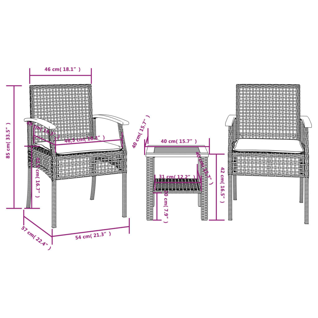 vidaXL Σετ Επίπλων Bistro 3 τεμ. Μαύρο Συνθ. Ρατάν/Ακακία + Μαξιλάρια
